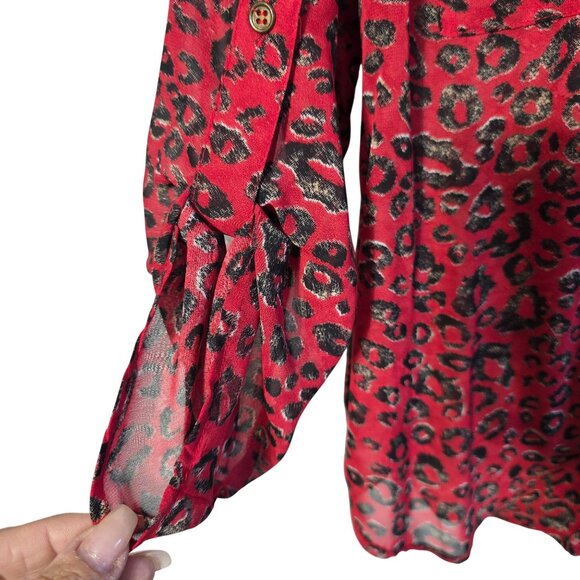 Leopard Print Red Sheer Blouse Size M Whimsigoth Y2K Slinky Boho Gypsy New - Picture 3 of 9